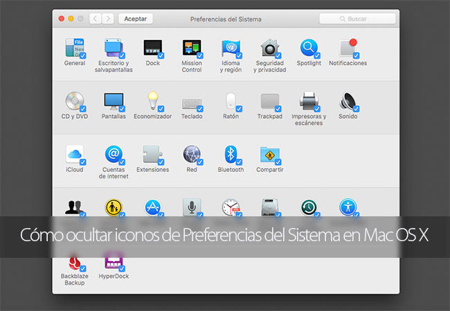 Cómo ocultar iconos en la ventana de Preferencias del Sistema en Mac OS X